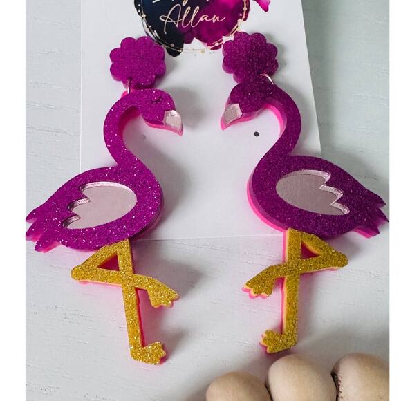Pink Tropical Flamingo Dangle Earrings - Picture 1 of 3